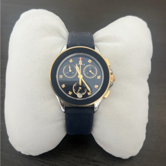 Sale Michele Cape Chronograph Blue Dial Yellow Topaz Markers FULL SET w TAG